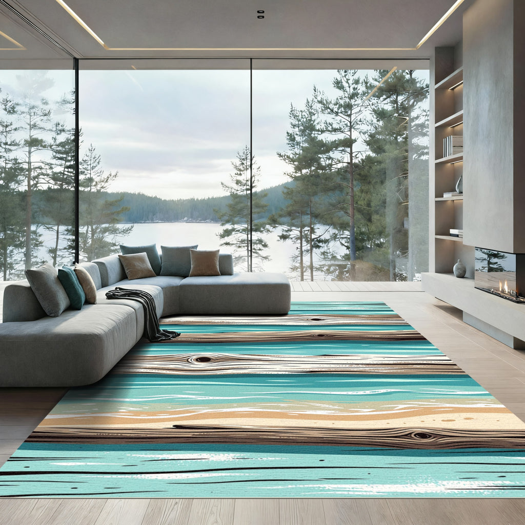 Coastal Teal Wood Plank Horizontal Rug