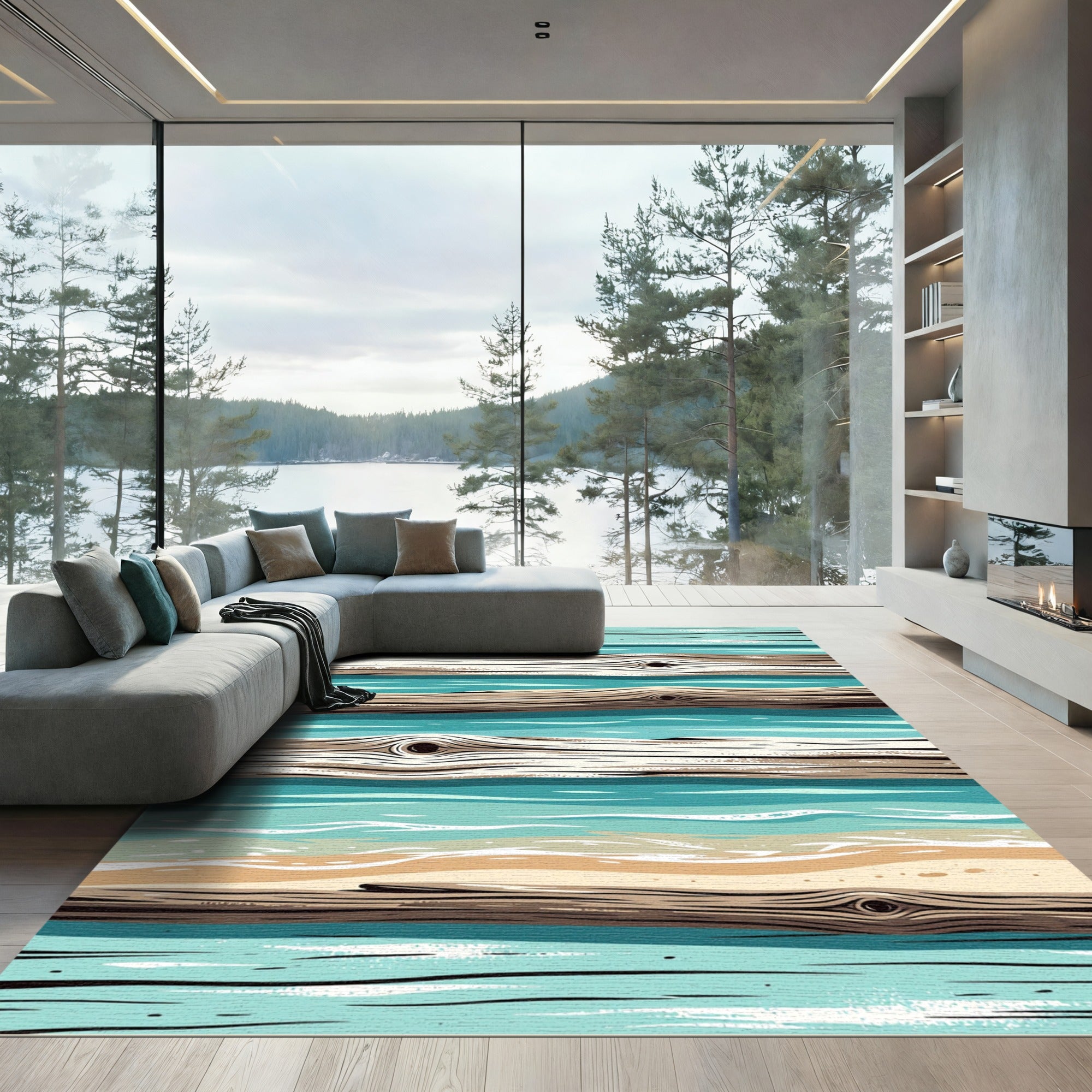 Coastal Teal Wood Plank Horizontal Rug