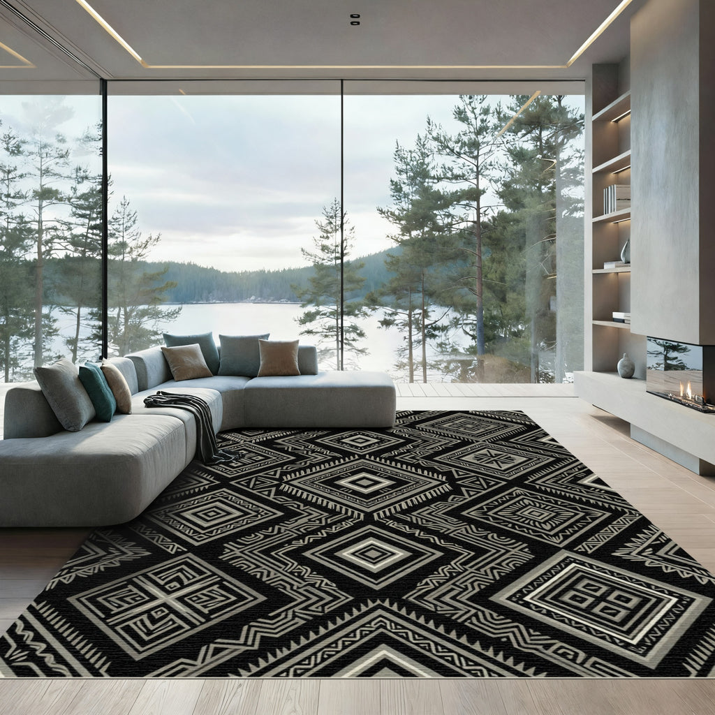 Sophisticated Monochrome Geometric Tribal Diamond Rug