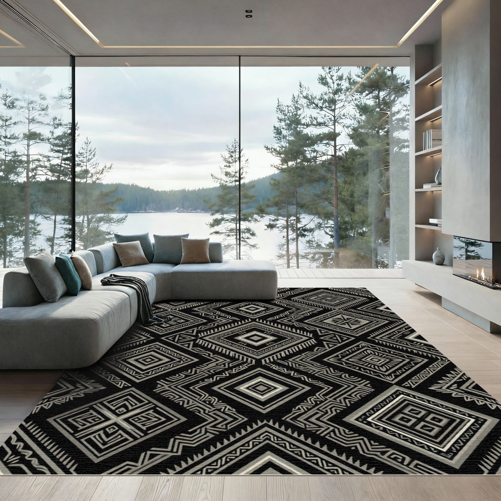 Sophisticated Monochrome Geometric Tribal Diamond Rug