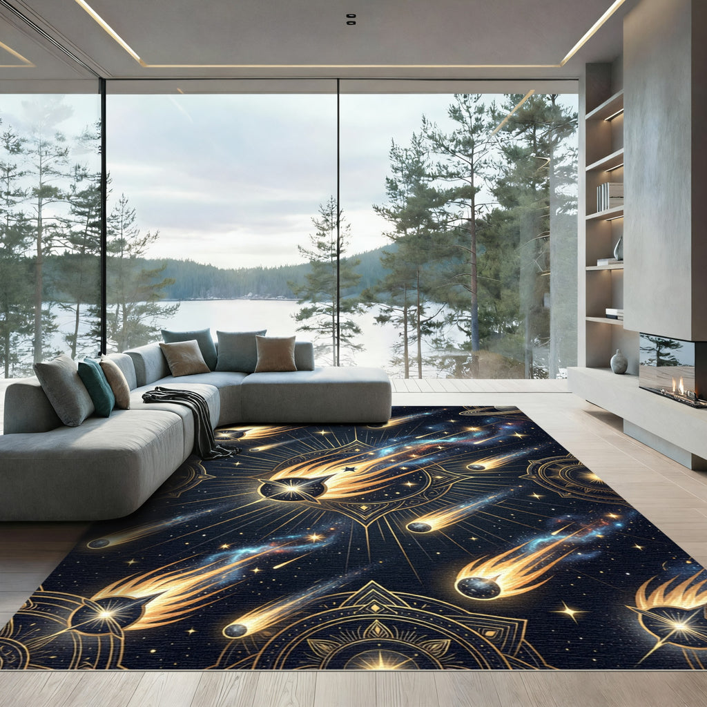 Celestial Gold Comet Galaxy Night Sky Rug