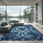 Deep Blue Damask Floral Scroll Rug