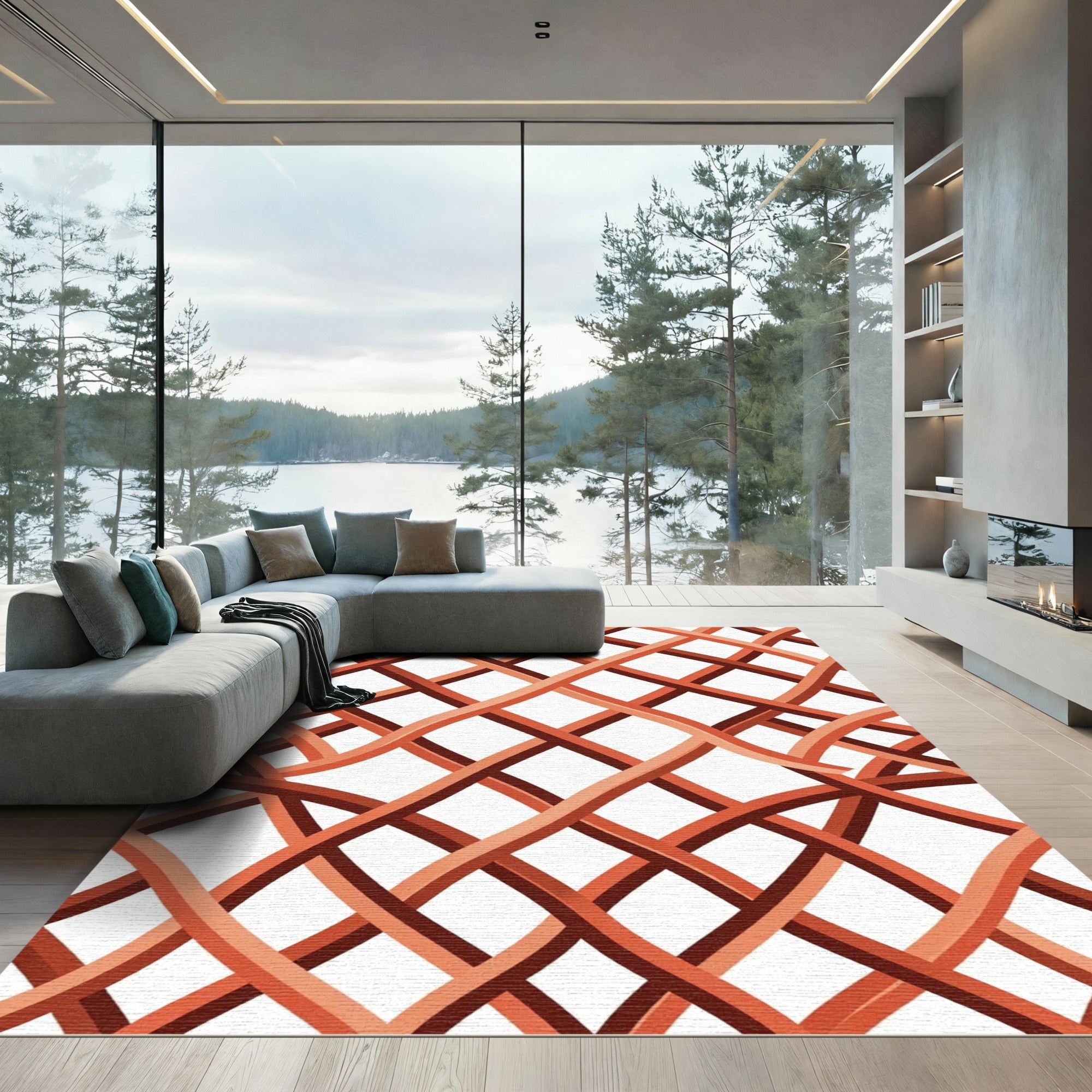 Interwoven Terracotta Wavy Lattice Texture Rug