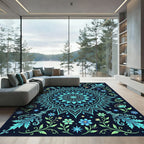 Teal Blue Floral Mandala Art Rug