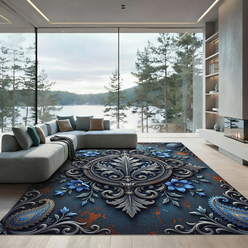 Ethereal Silver Floral Medallion Blue Rust Rug