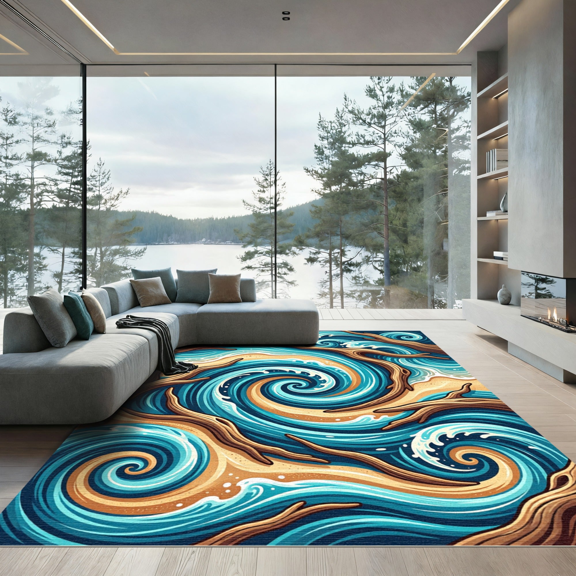Coastal Swirl Ocean Shore Wave Art Rug