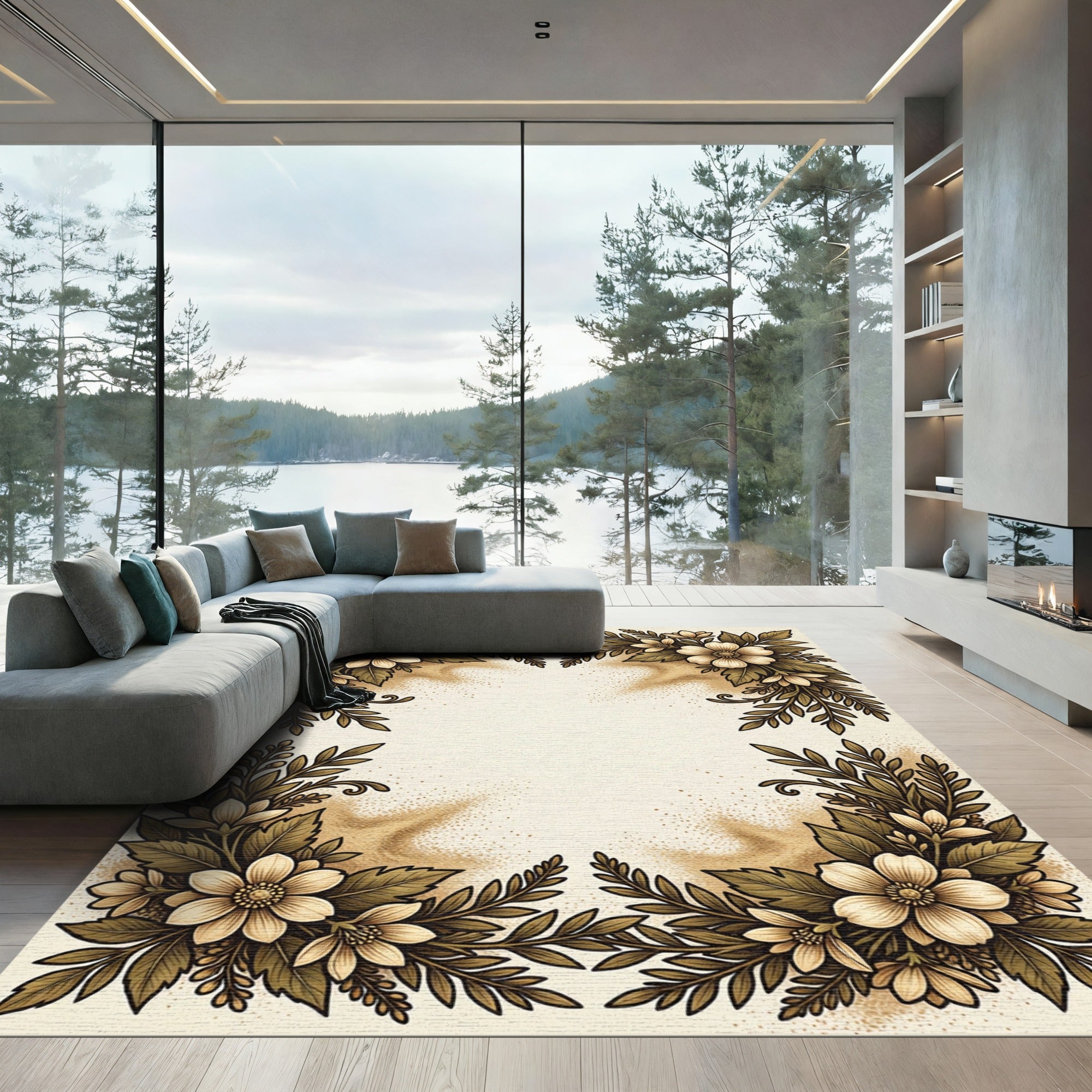 Golden Cream Floral Leaf Arrangement Rug