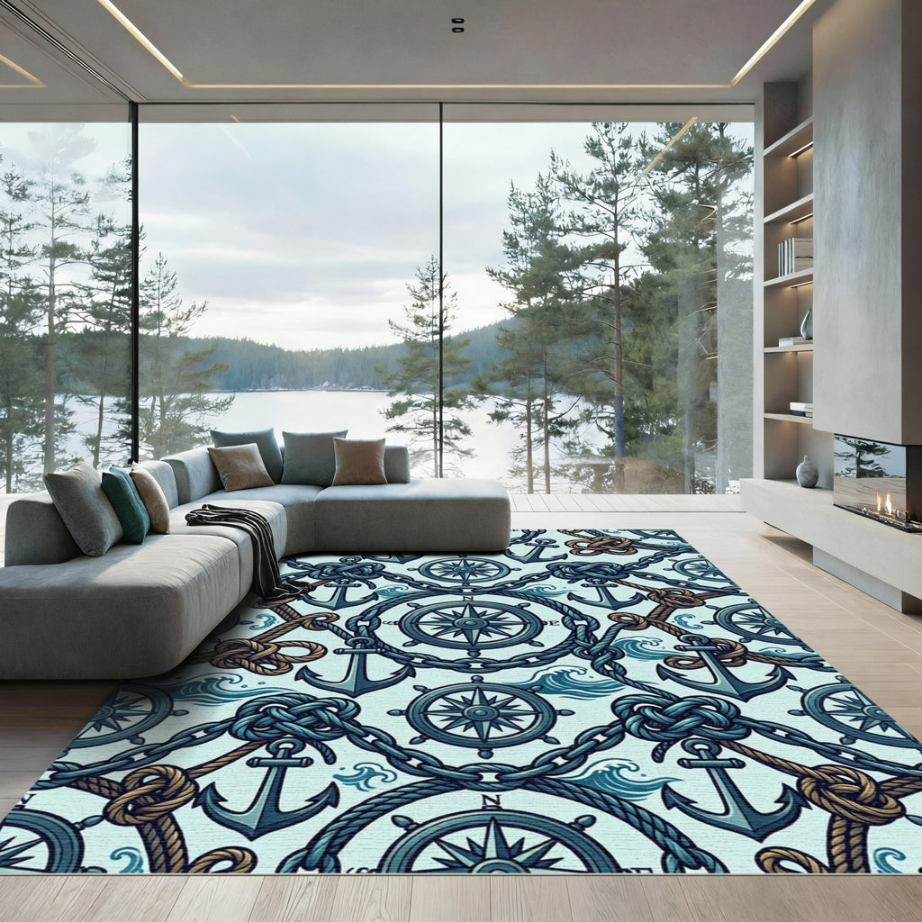 Nautical Compass and Anchor Blue Tile Rug