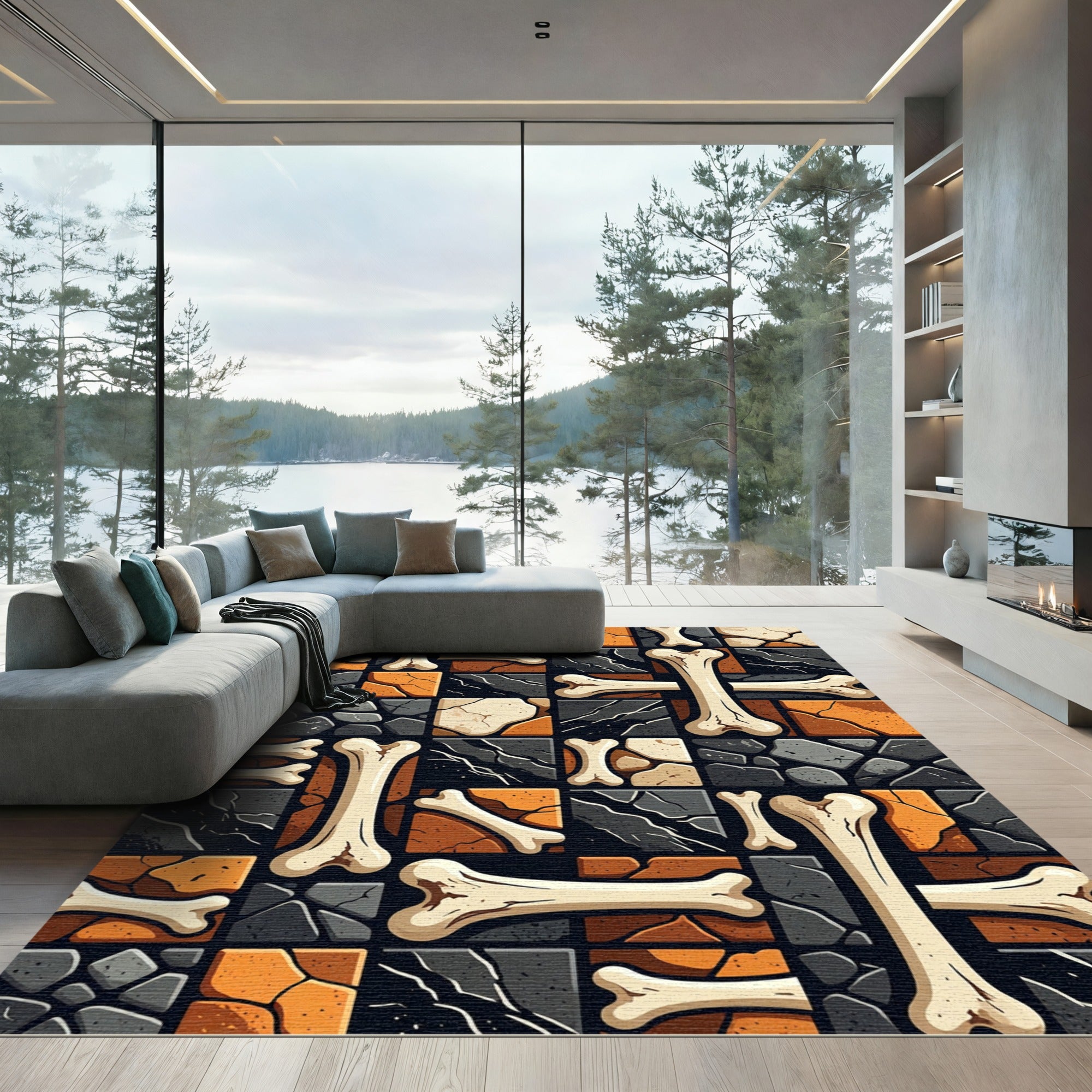 Ochre Black Bone Mosaic Grid Rug