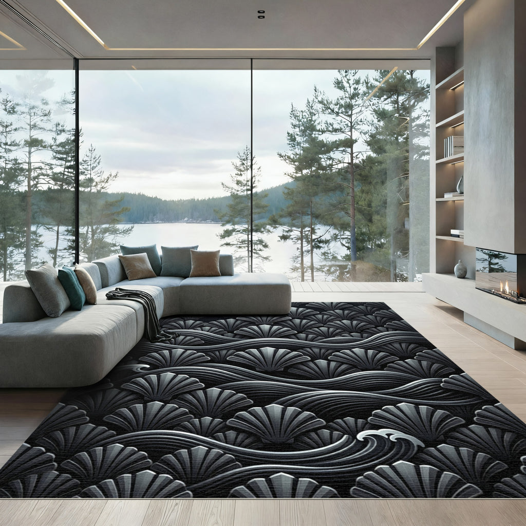 Monochromatic Gray Shell Wave Pattern Rug
