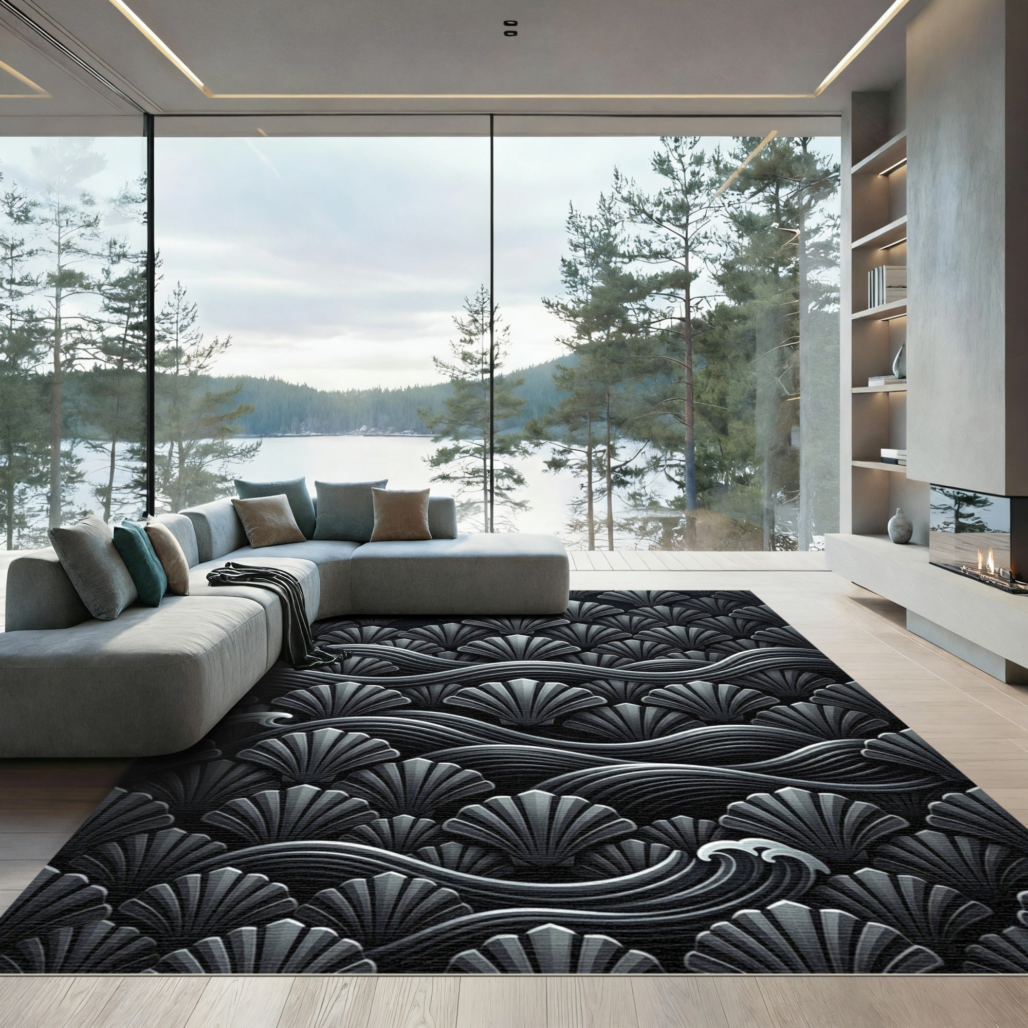 Monochromatic Gray Shell Wave Pattern Rug