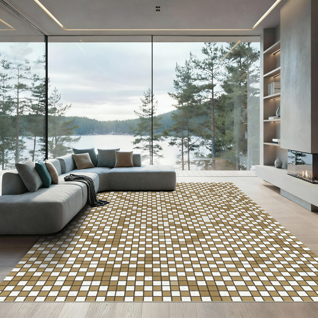 Earthy Gold White Checkerboard Mosaic Rug