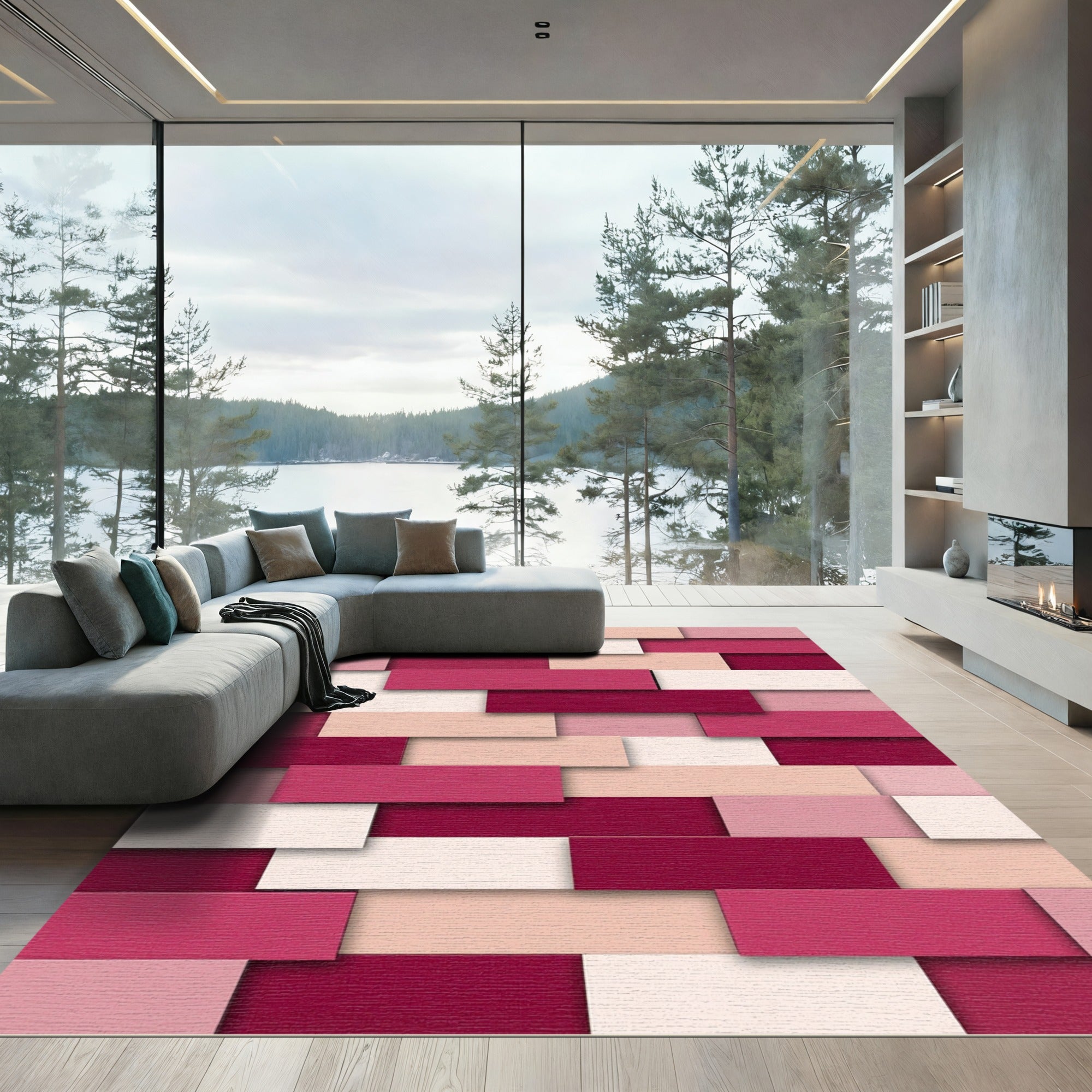 Rich Pinks Layered Rectangles Rug