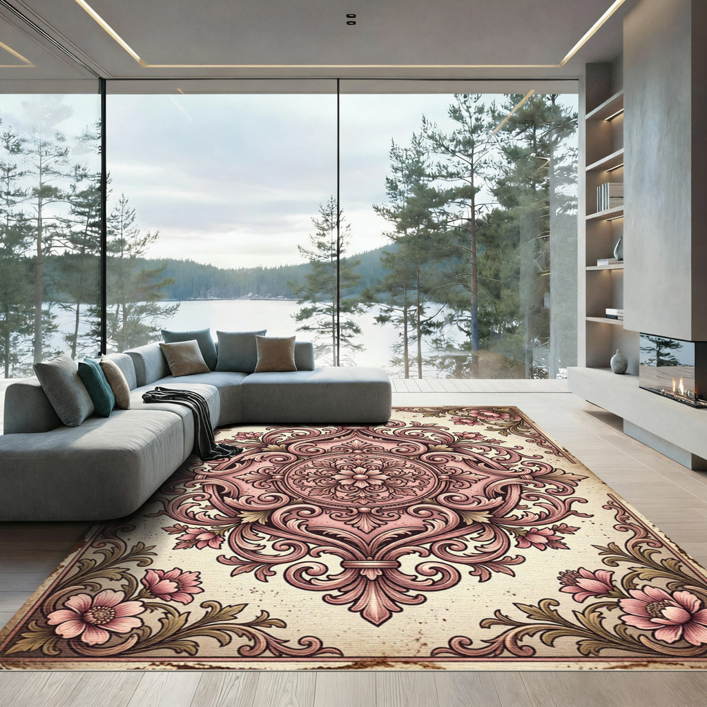 Ornate Pink Floral Scroll Medallion Rug