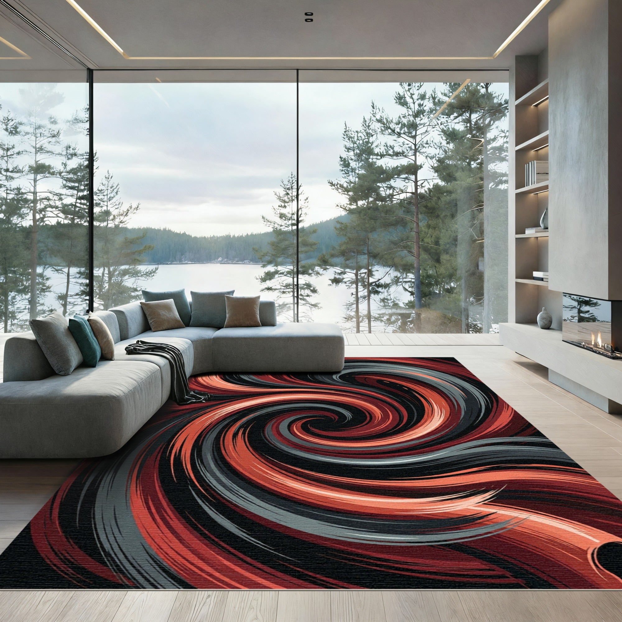 Modern Crimson and Slate Abstract Swirl Rug