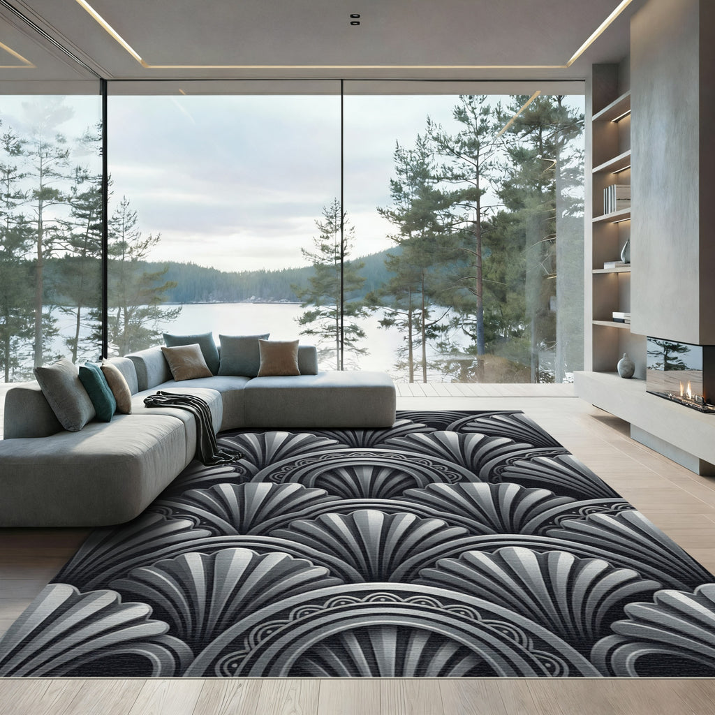 Sophisticated Silver Art Deco Fan Rug
