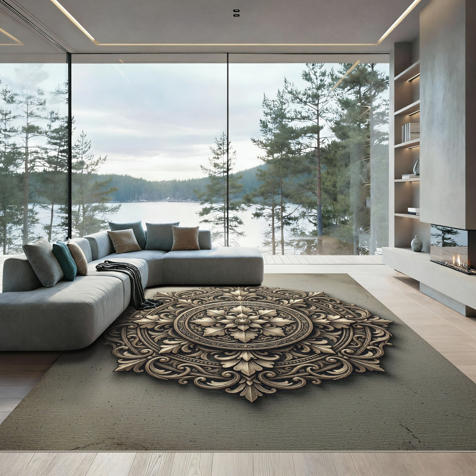 Elegant Bronze Floral Medallion Accent Rug