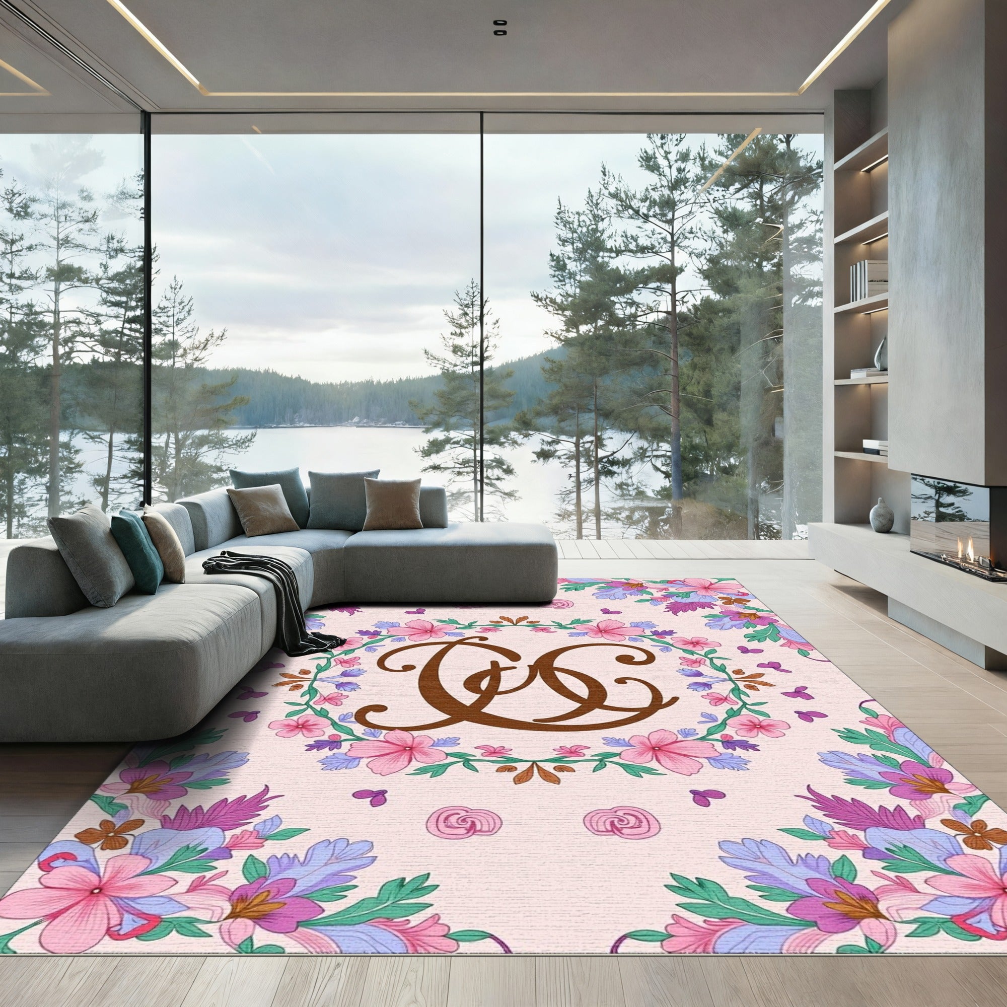 Whimsical Pink Floral Garden Monogram Rug
