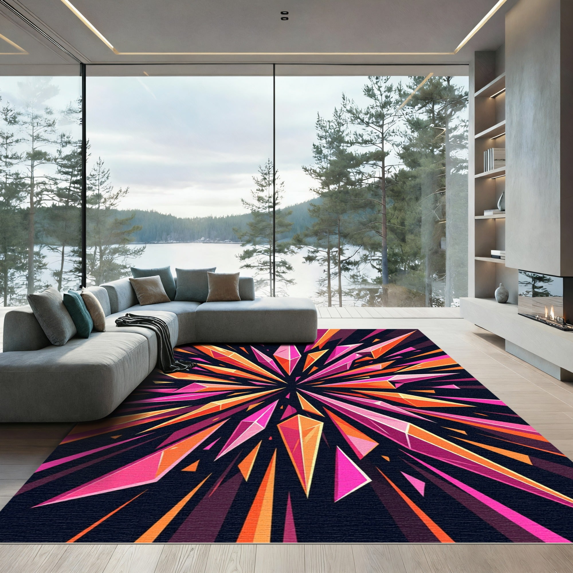 Vibrant Pink and Orange Abstract Crystal Starburst Rug