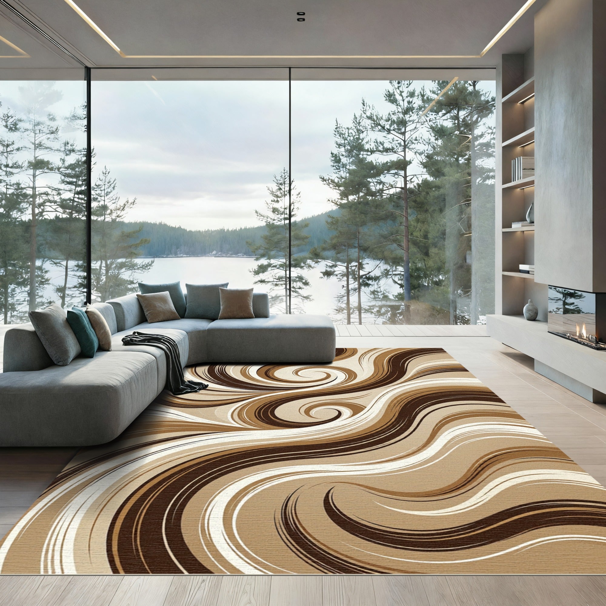 Elegant Earthy Swirl Abstract Cream Rug