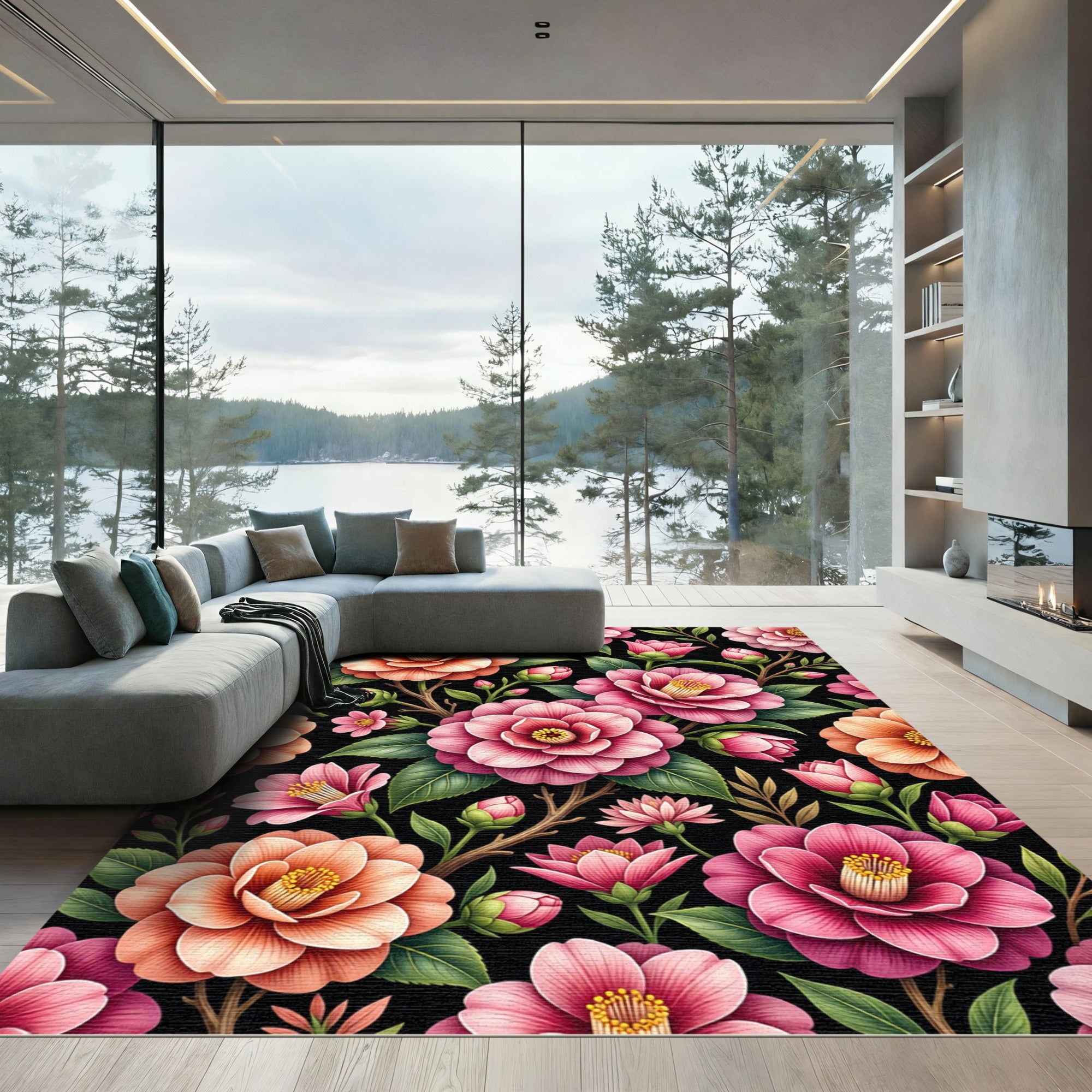 Vibrant Pink and Peach Camellia Garden Rug
