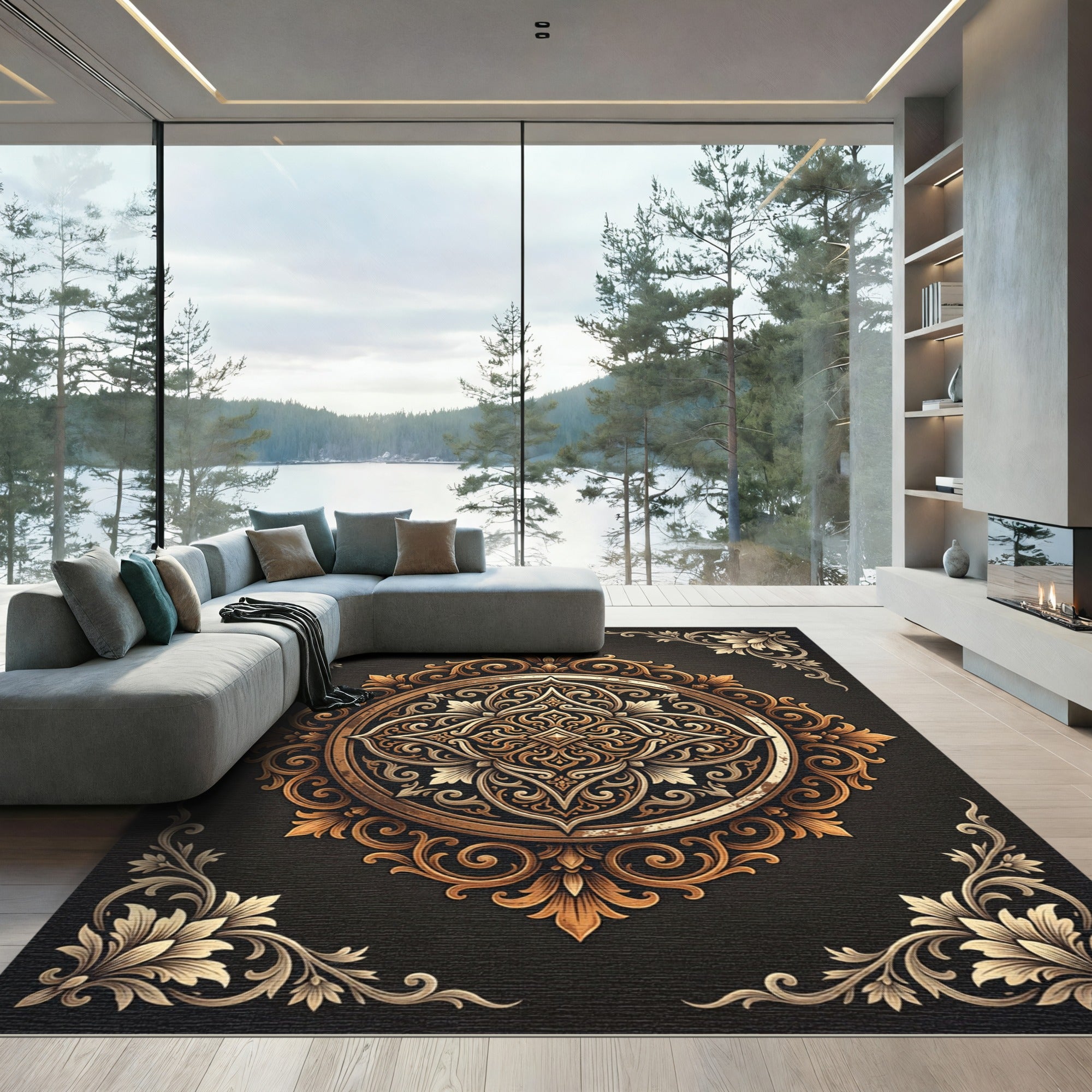 Ornate Golden Floral Medallion Background Rug