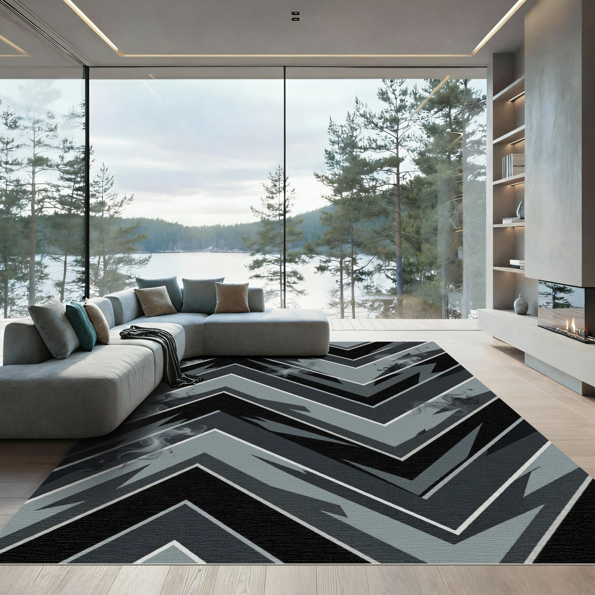 Modern Charcoal Zigzag Chevron Smoke Rug