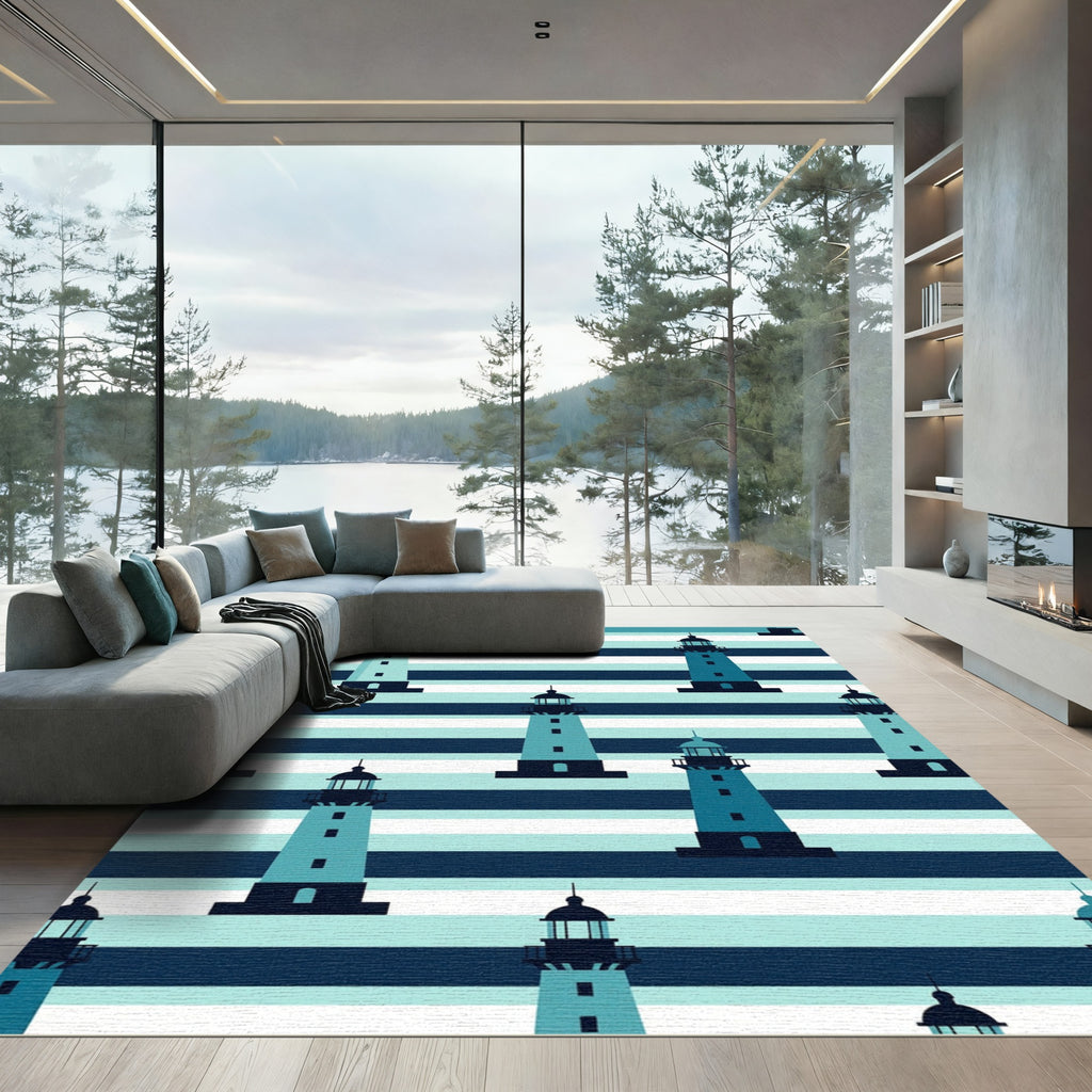 Coastal Nautical Lighthouse Blue Striped Rug