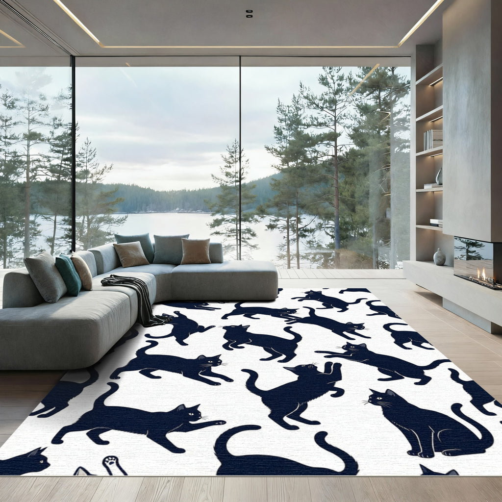 Whimsical Playful Black Kitten Silhouette Rug