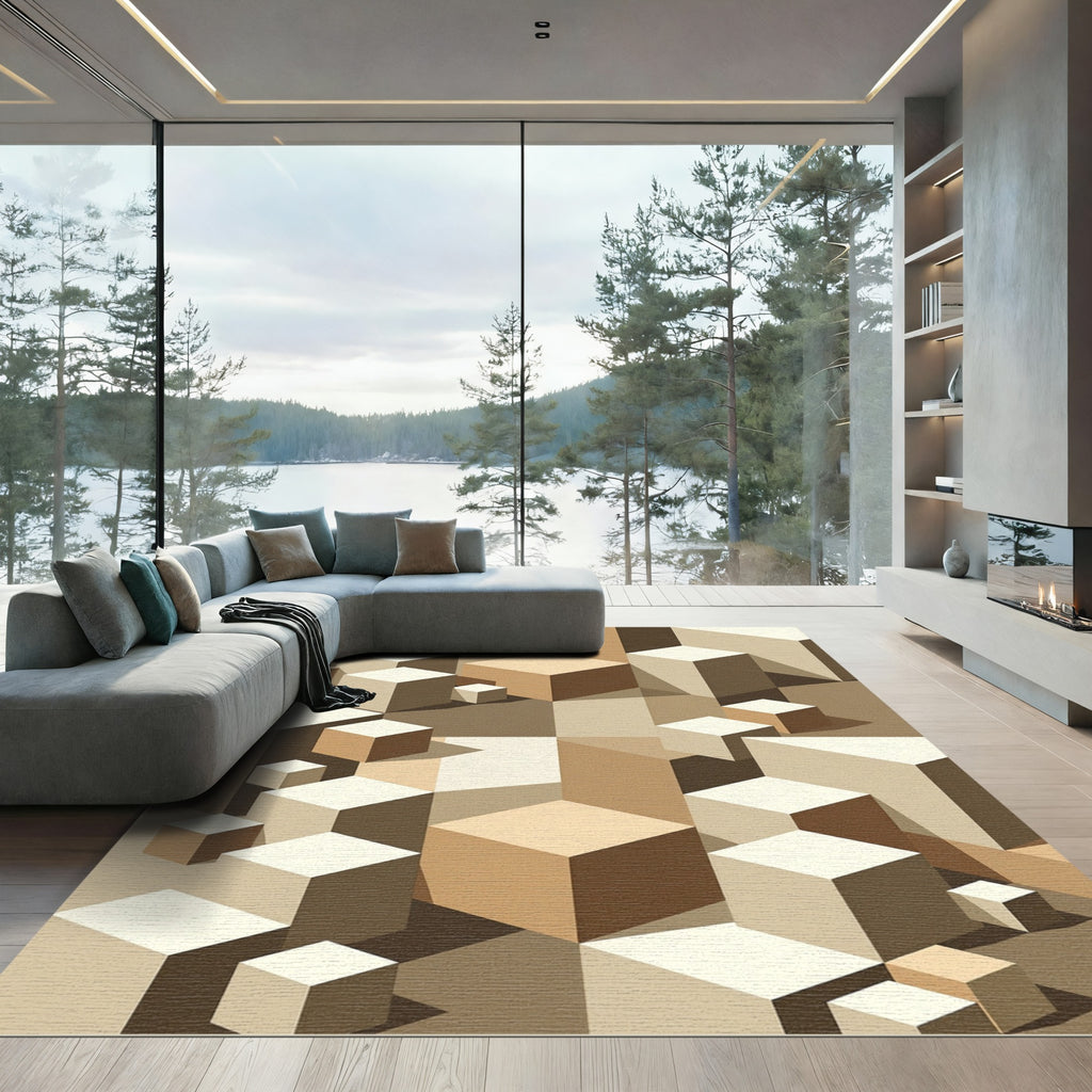 Neutral Earth Tone Geometric Cubes Rug
