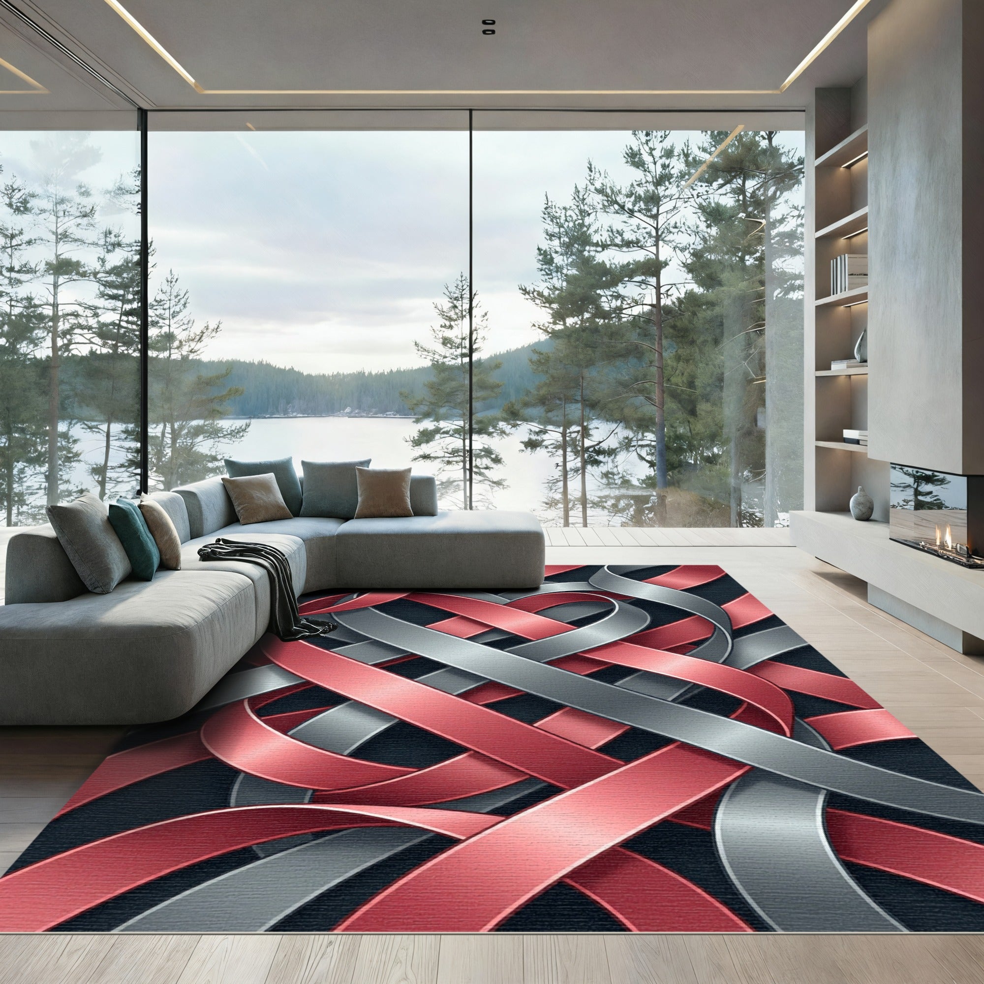 Modern Metallic Ribbon Interwoven Swirls Rug