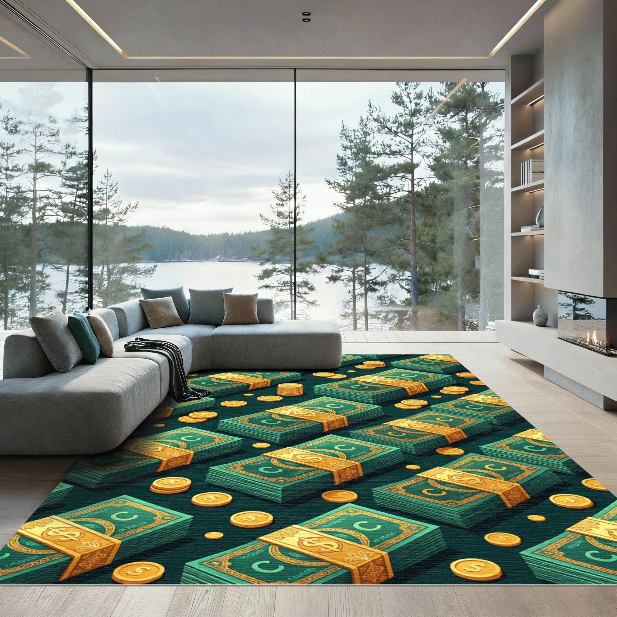 Golden Currency Stack Isometric Art Rug