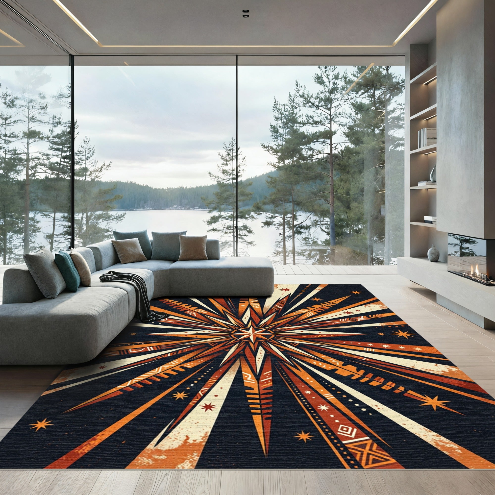 Radiant Burnt Orange Celestial Starburst Rug