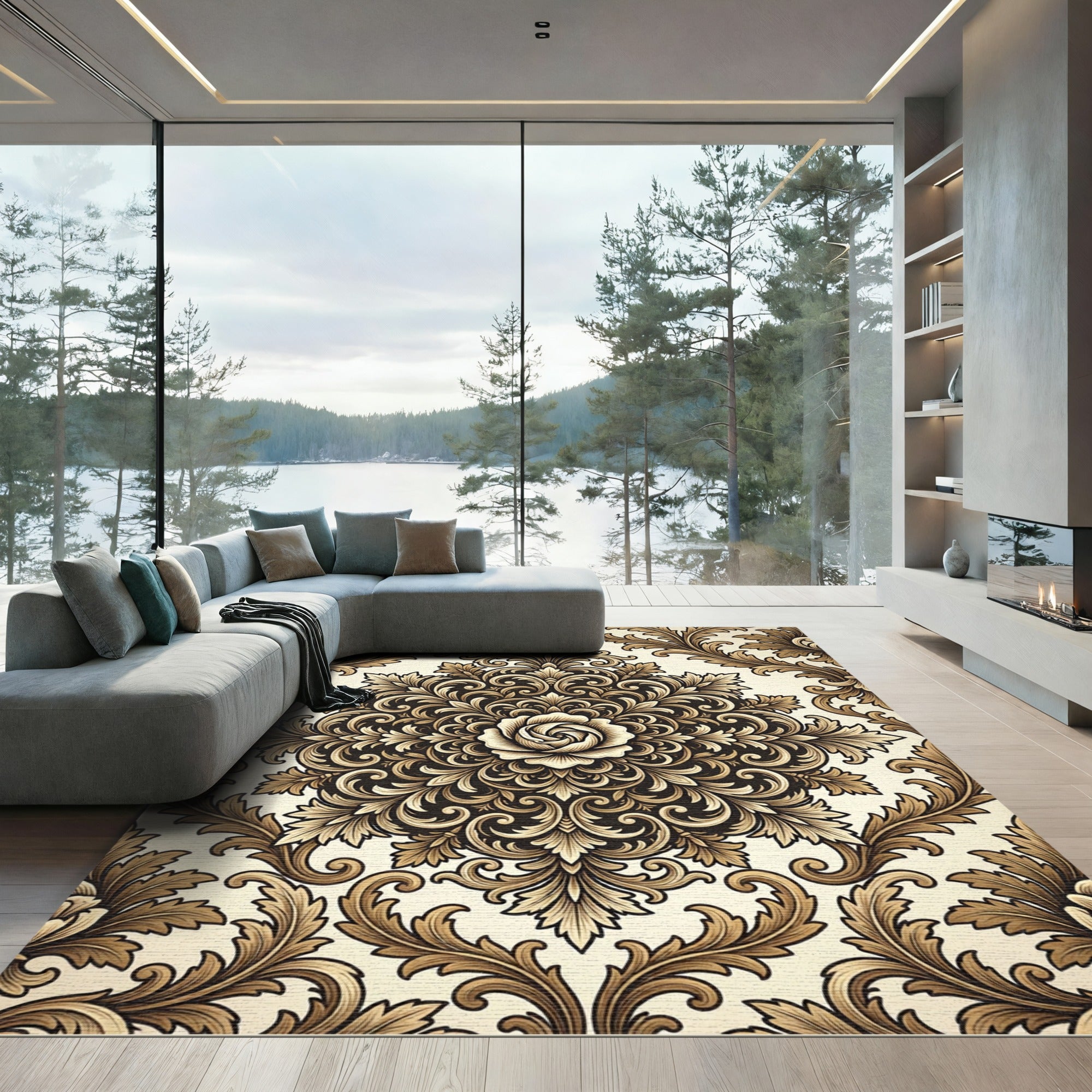 Elegant Gold Rose Scroll Damask Rug