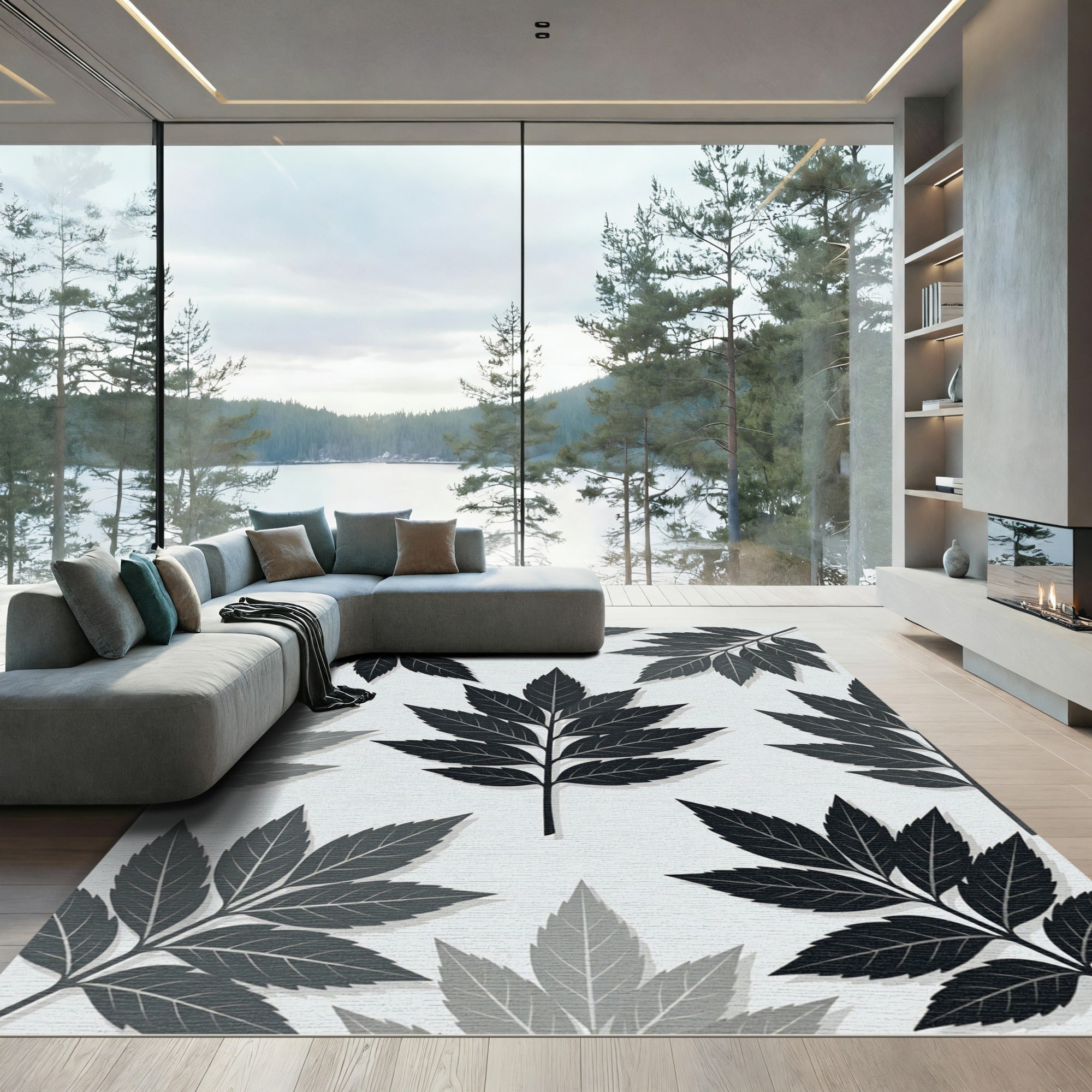 Minimalist Monochrome Botanical Leaf Arrangement Rug