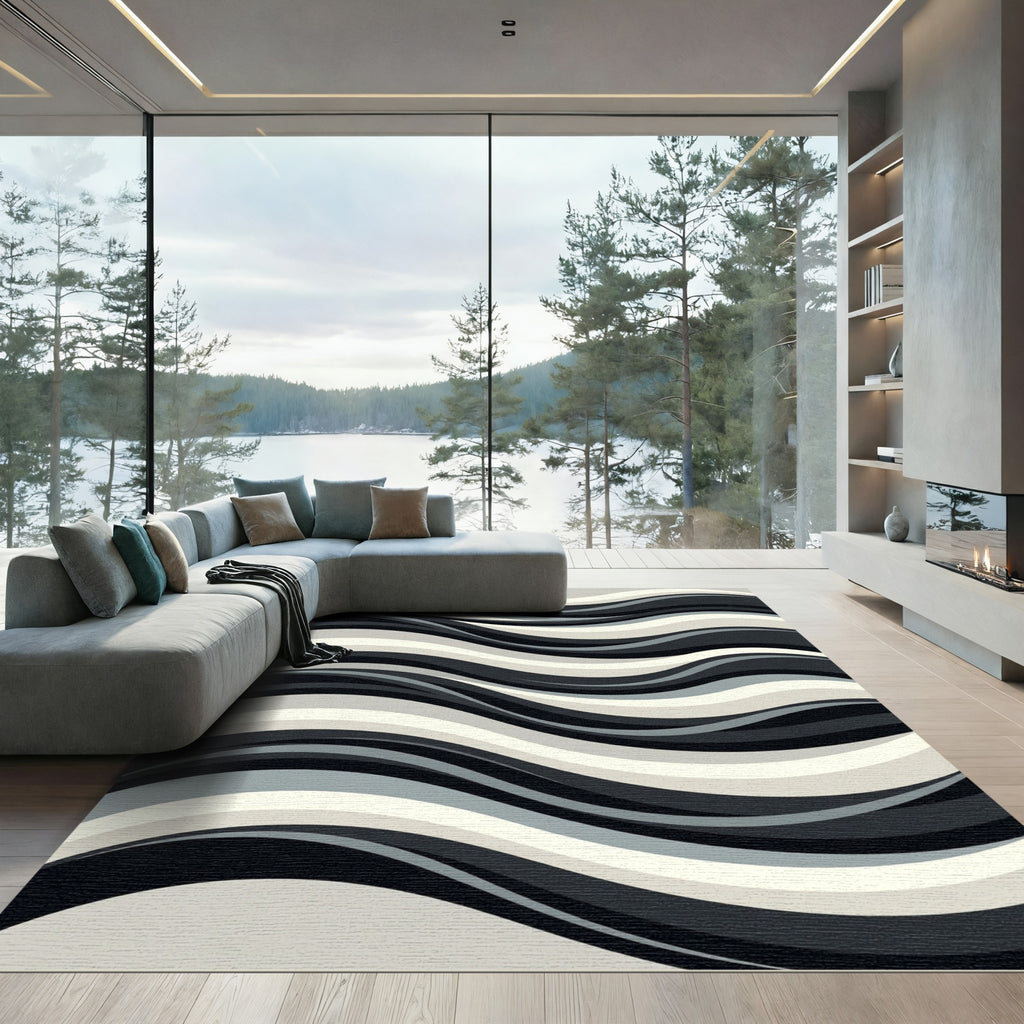 Monochromatic Wavy Striped Accent Rug