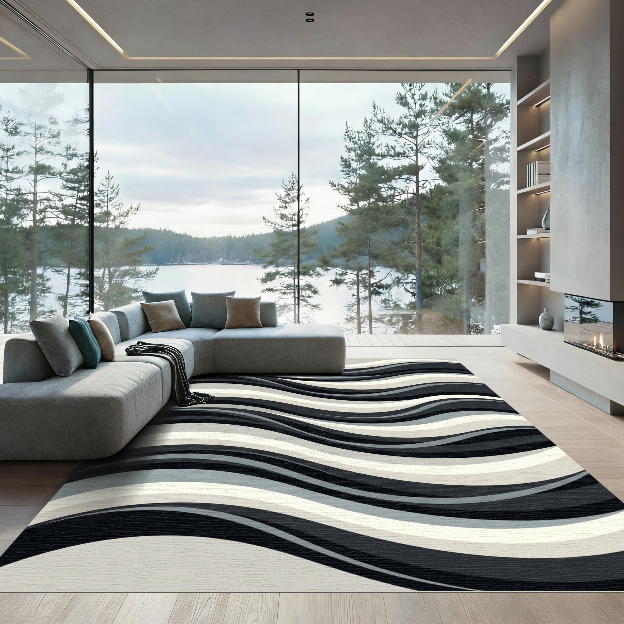 Monochromatic Wavy Striped Accent Rug