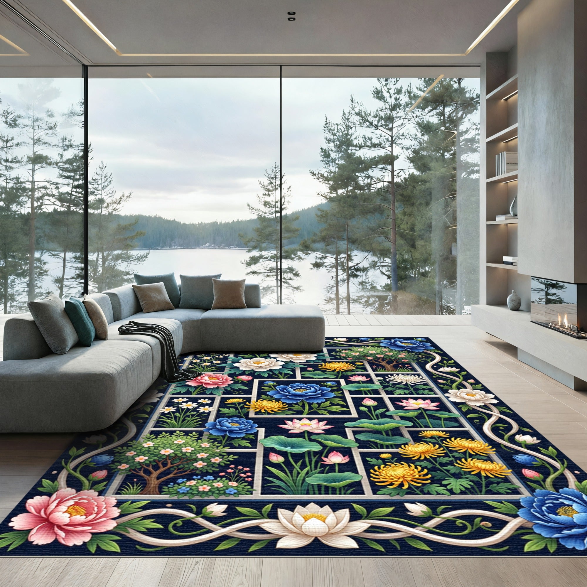 Lush Navy Botanical Grid Floral Art Rug