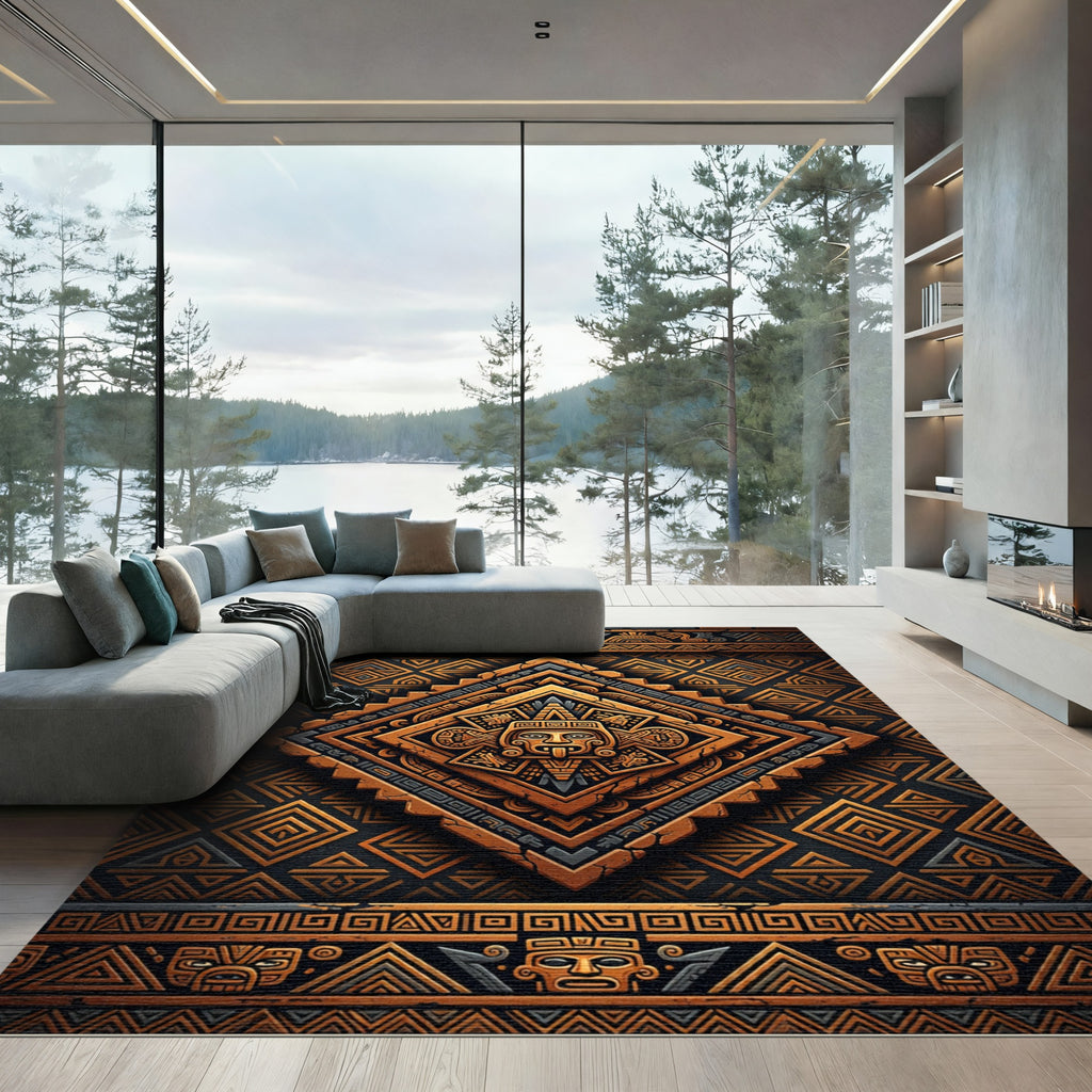 Ancient Aztec Copper Geometric Embossed Art Rug