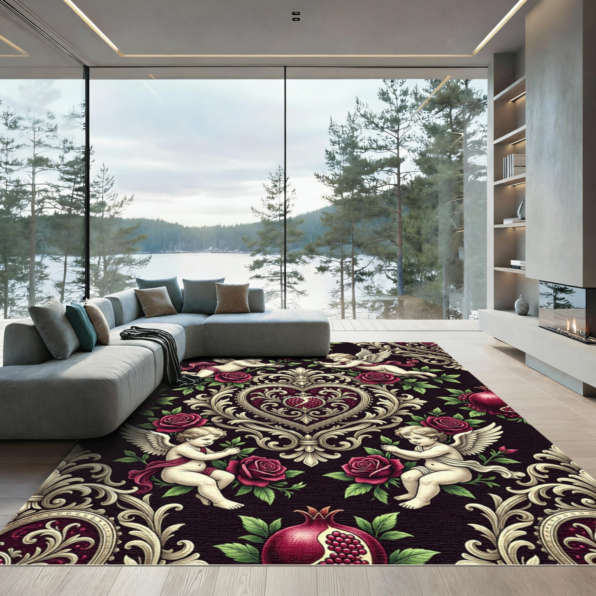Baroque Cherub Rose Pomegranate Medallion Rug