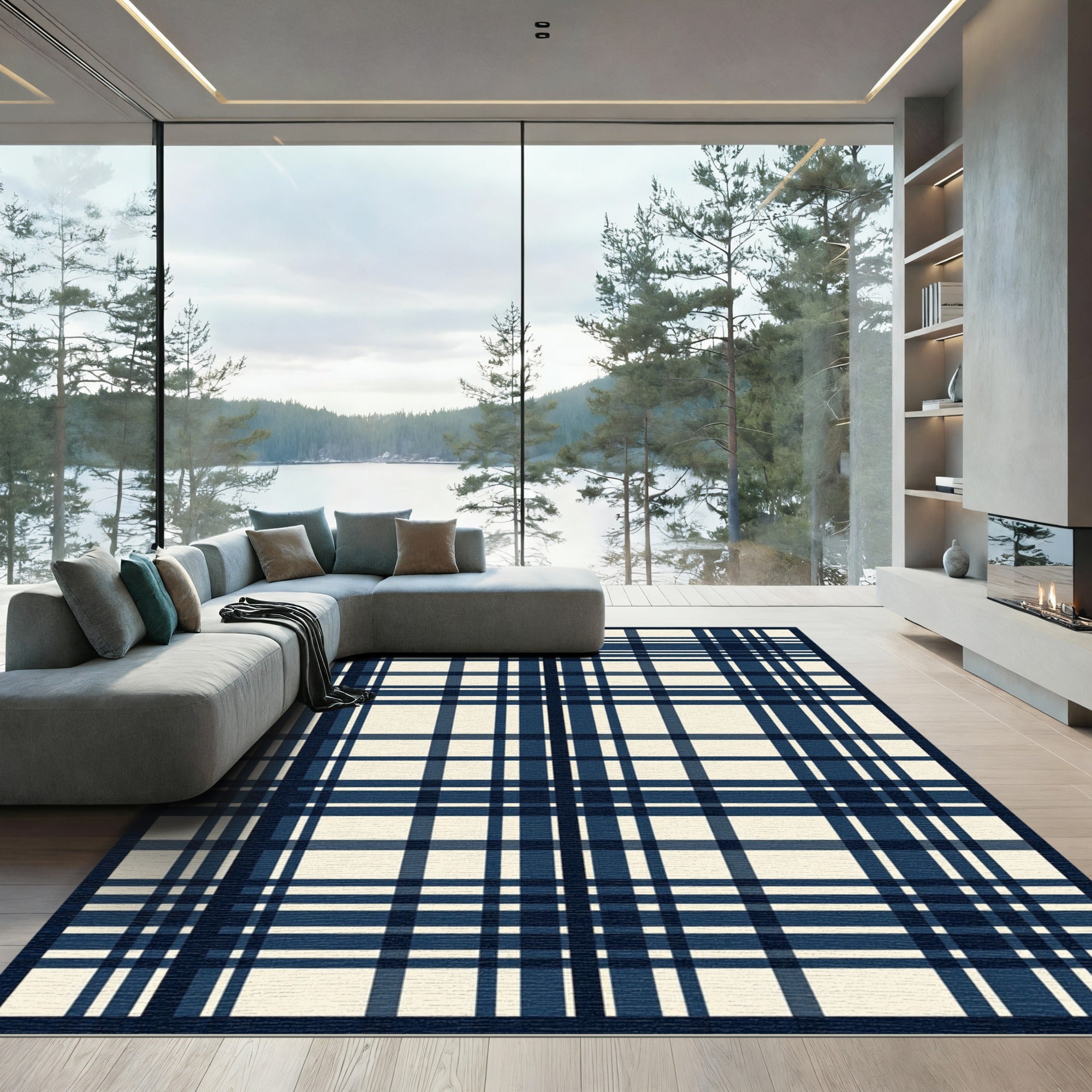 Navy And Cream Plaid Crossing Lines Rug