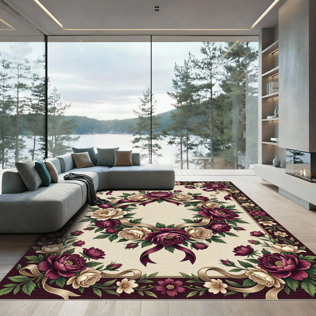 Deep Burgundy Cream Floral Wreath Ribbons Rug