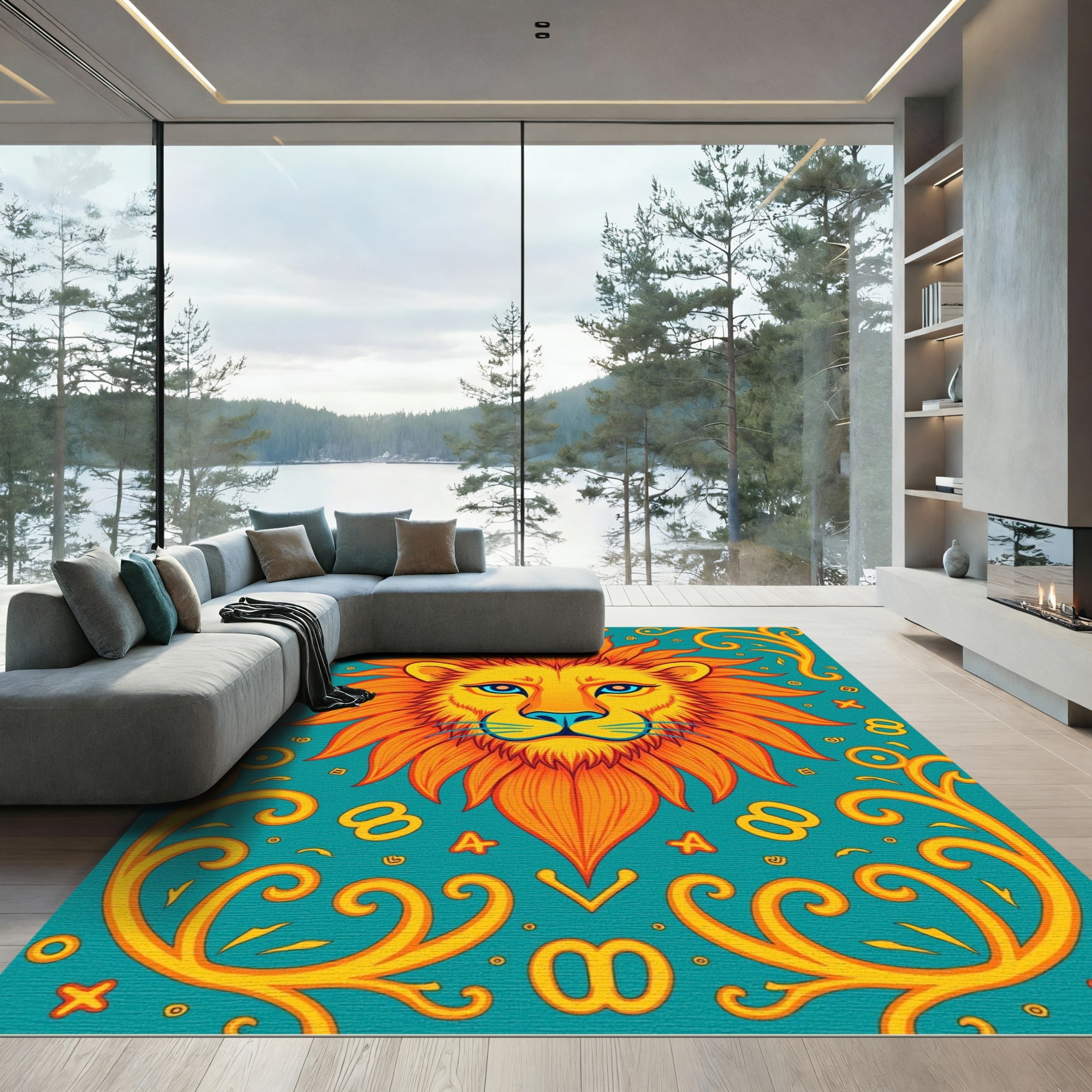 Bright Orange Lion Teal Graphic Rug