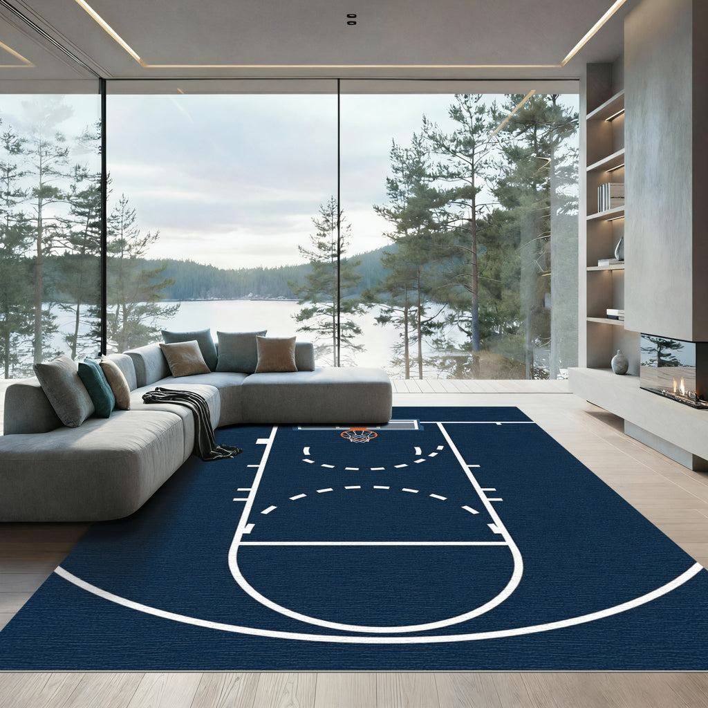 Minimalist Navy Blue Basketball Court Graphic Rug