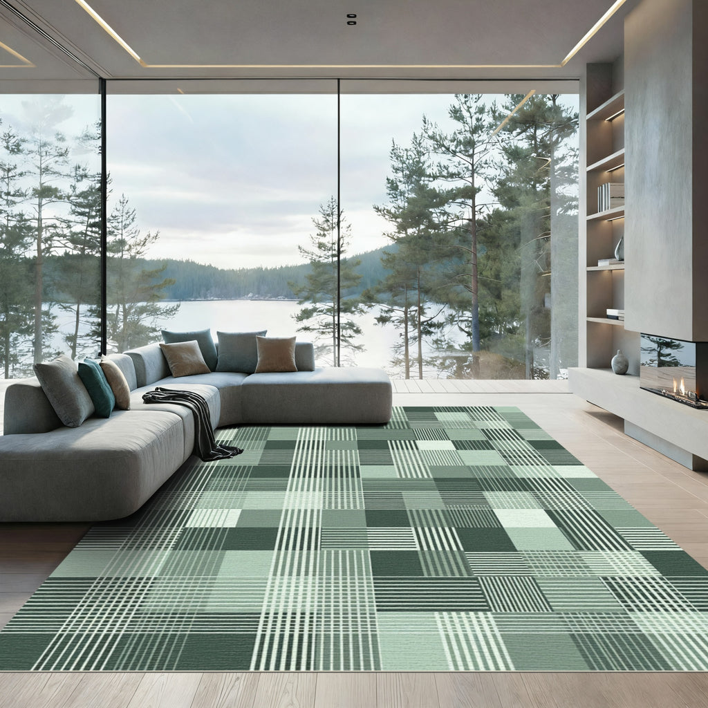 Shades of Green Plaid Grid Abstract Rug