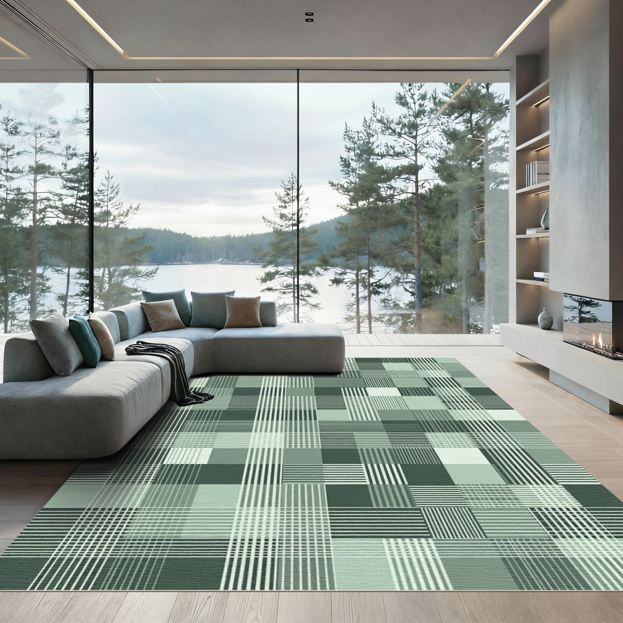 Shades of Green Plaid Grid Abstract Rug