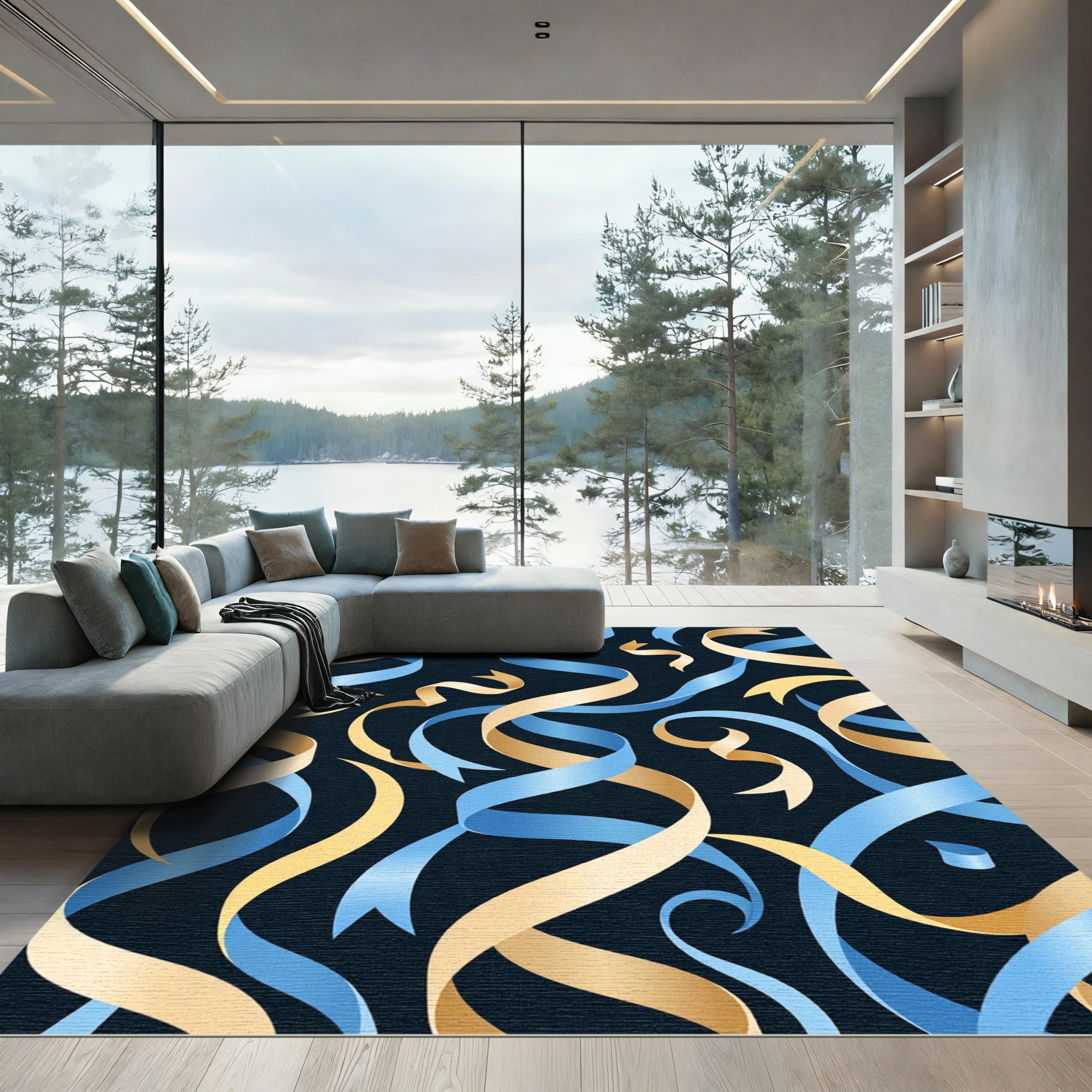 Modern Gold and Blue Ribbon Swirl Rug