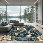 Elegant Navy Floral Peony Bamboo Art Rug