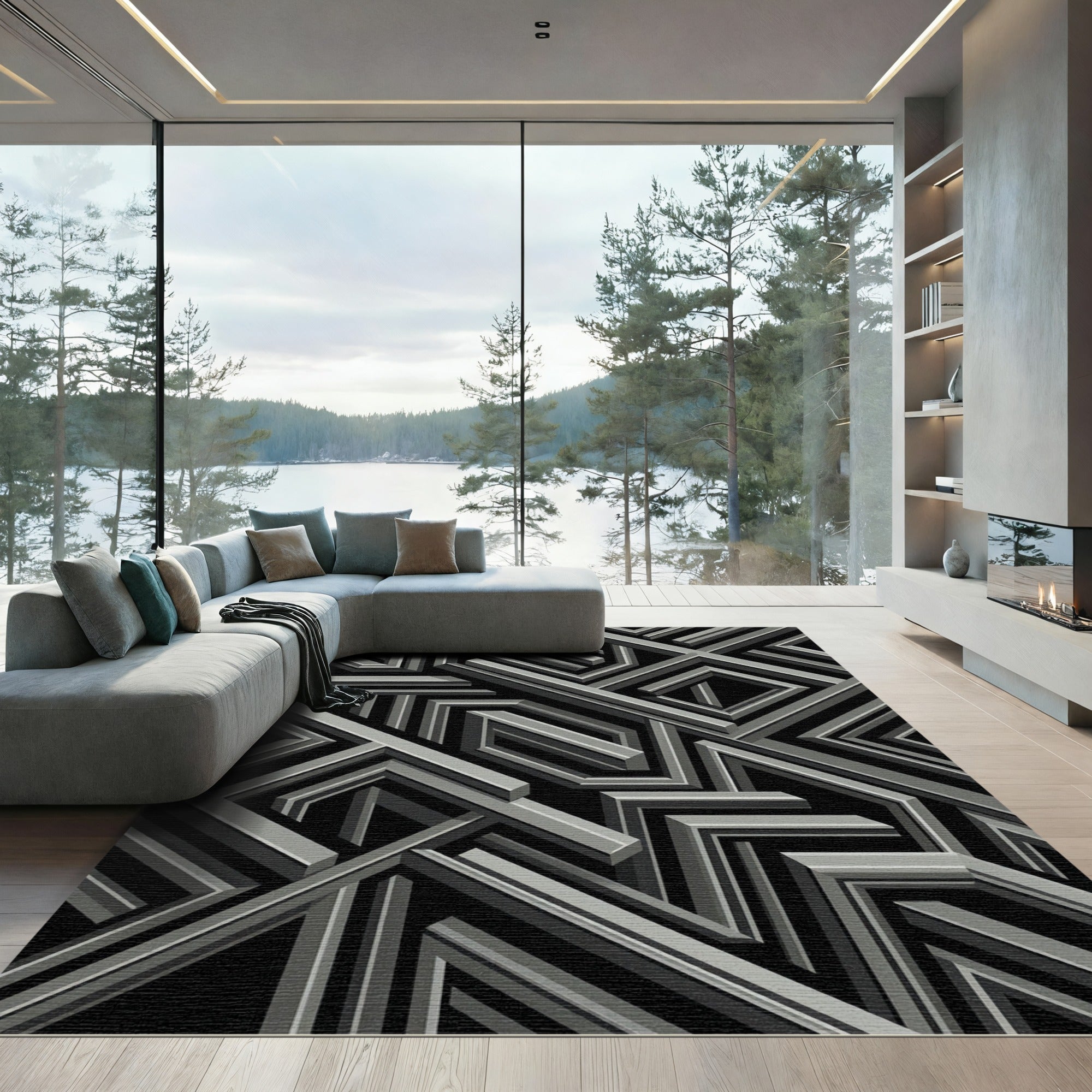 Gray Silver Geometric Maze Art Rug