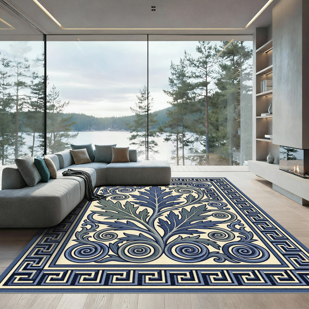 Deep Blue Scroll Leaf Grek Key Rug